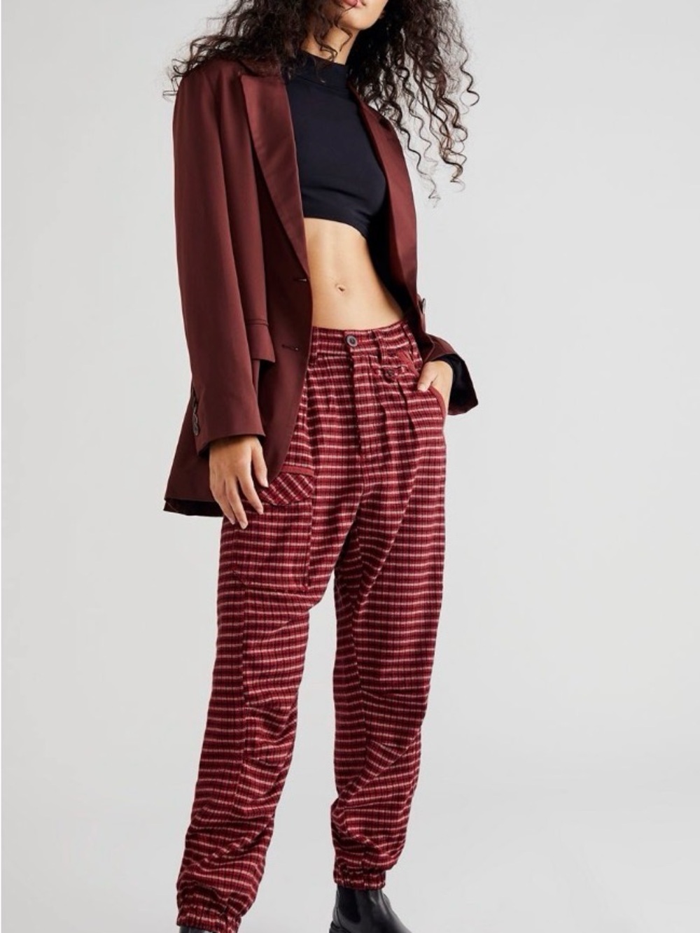 Free People Burgundy check back street pants